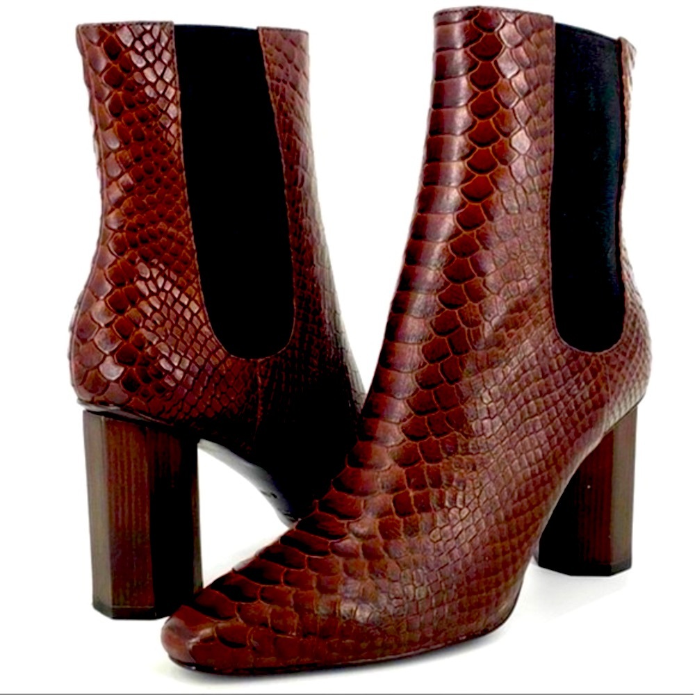 $300 Donald Pliner leather bootie brown snakeskin print pull on heel boots EUC